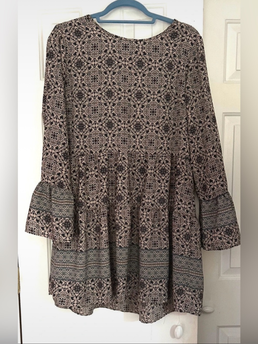 one clothing Taupe and Black Printed Long Sleeve Tiered Tunic Dress
